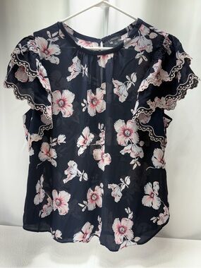 Ann Taylor Navy Floral Ruffle Sleeve Top 4373